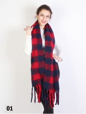 Plush Speckled Checker Scarf W/ Long Fringe